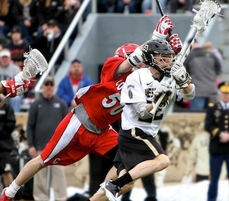 cornell lacrosse midfield chasing Army ball